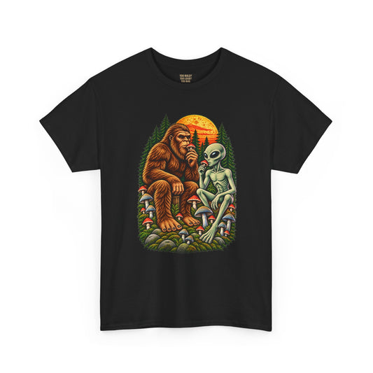 Bigfoot and Alien Forest Tee — Sasquatch Meets UFO Graphic T-Shirt