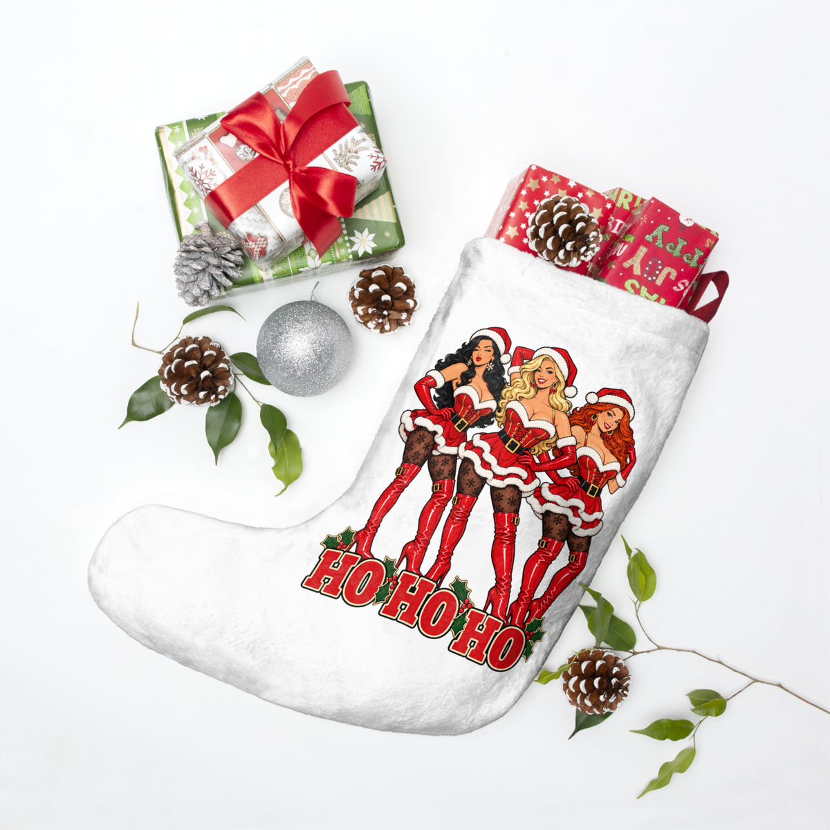 Ho Ho Ho Christmas Stocking with Festive Sexy Santa Girls Design