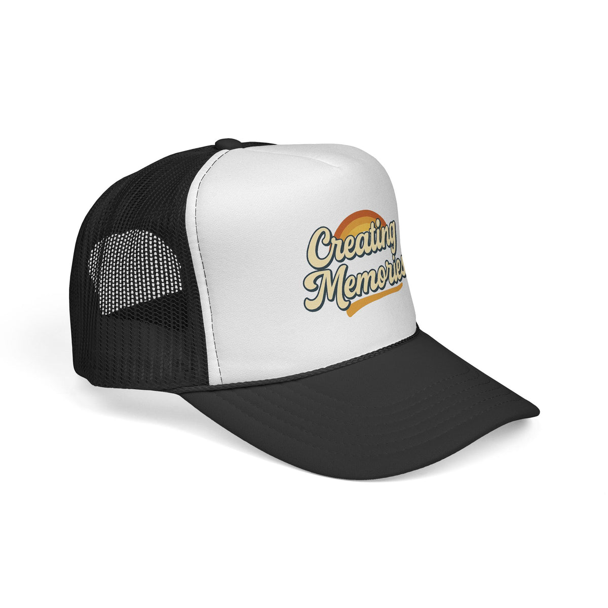 Creating Memories Trucker Cap — Retro Sunset Script Hat for Travel & Family Adventures