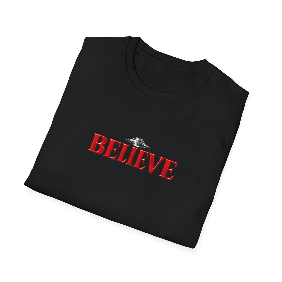 Believe UFO T-Shirt — Retro Red Text Alien Graphic Tee