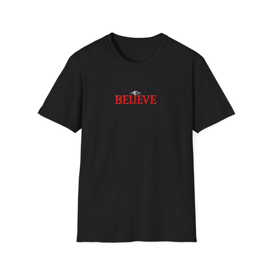 Believe UFO T-Shirt — Retro Red Text Alien Graphic Tee