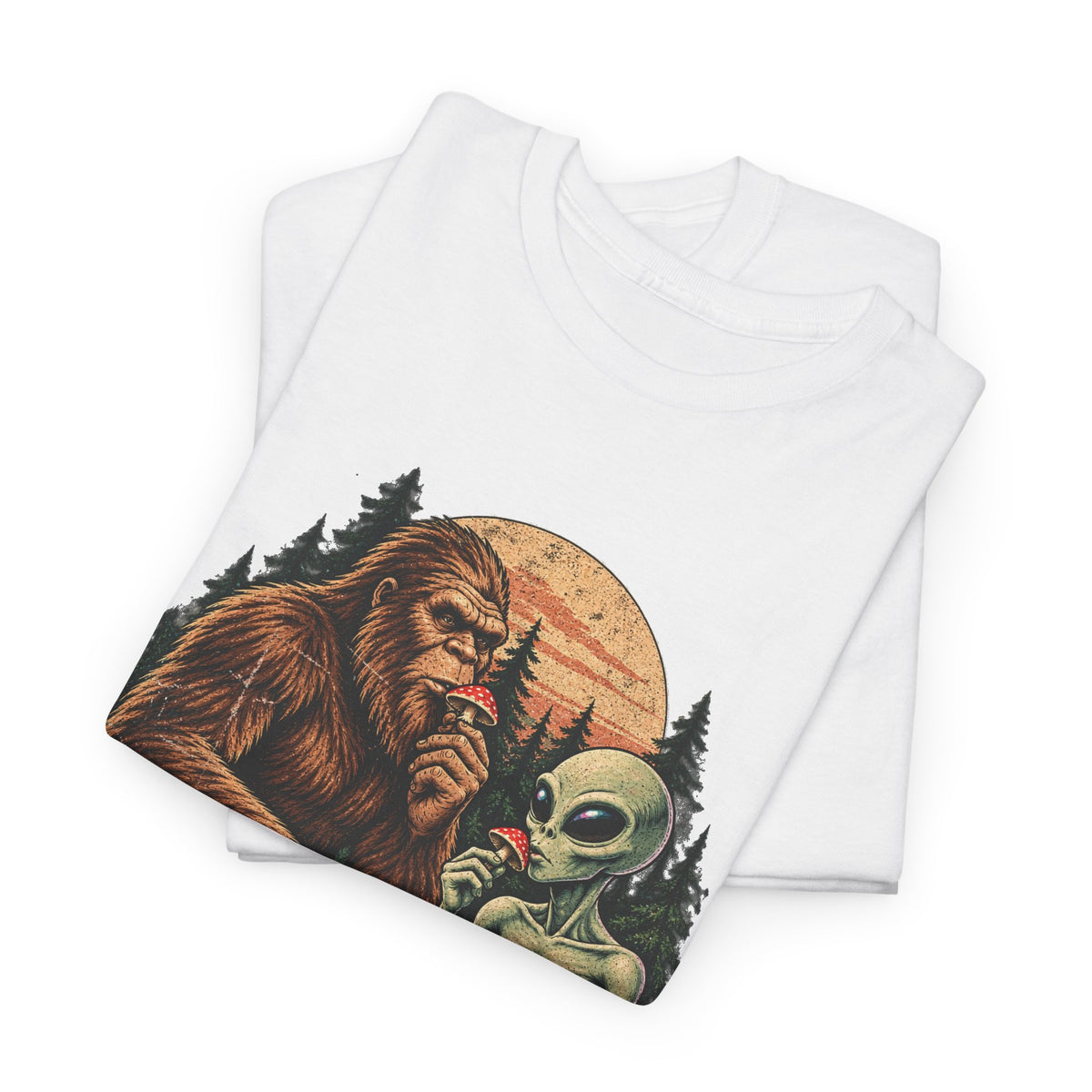 Bigfoot and Alien Forest Tee — Sasquatch Meets UFO Graphic T-Shirt