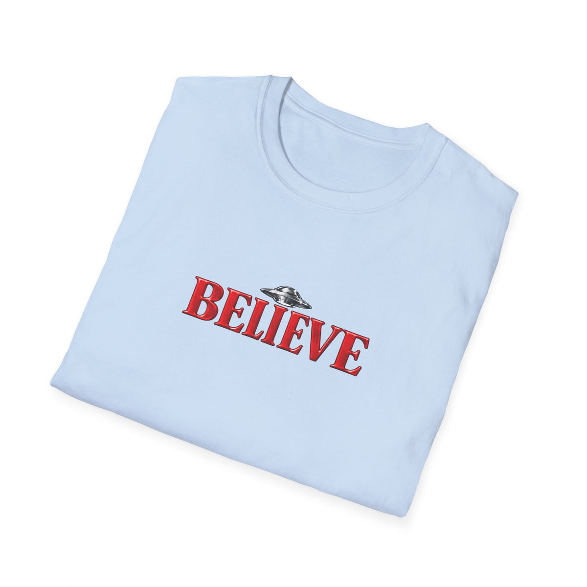 Believe UFO T-Shirt — Retro Red Text Alien Graphic Tee
