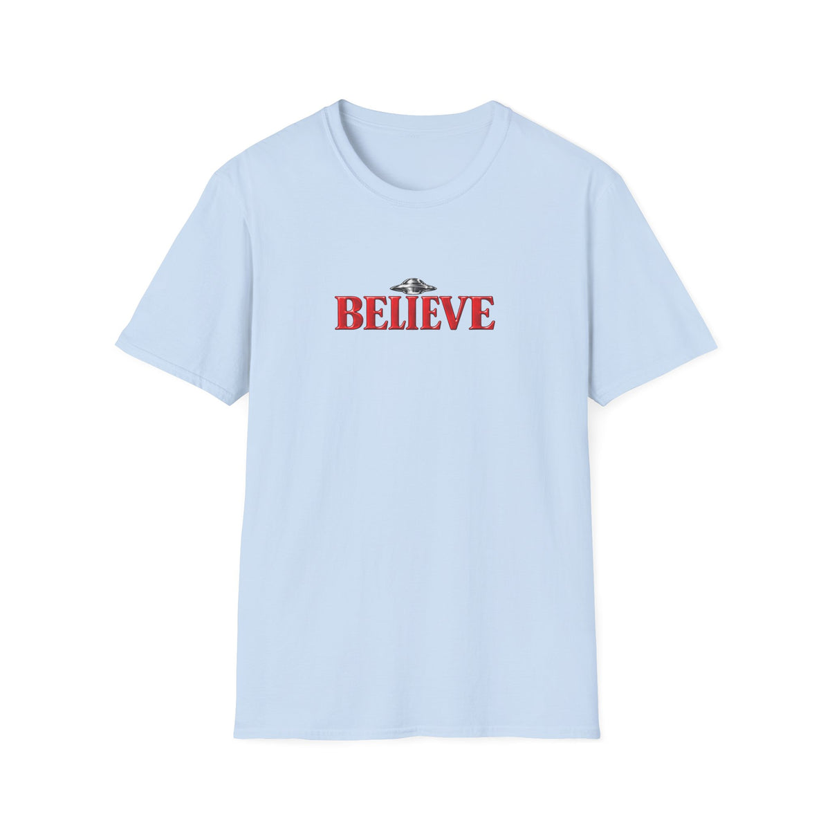Believe UFO T-Shirt — Retro Red Text Alien Graphic Tee