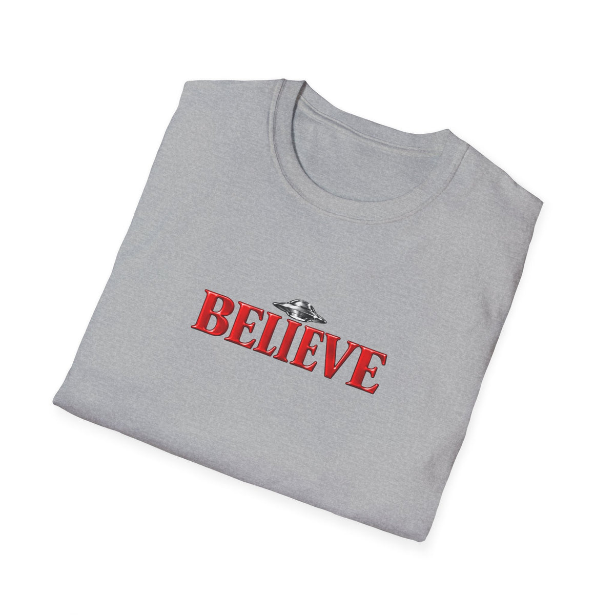 Believe UFO T-Shirt — Retro Red Text Alien Graphic Tee