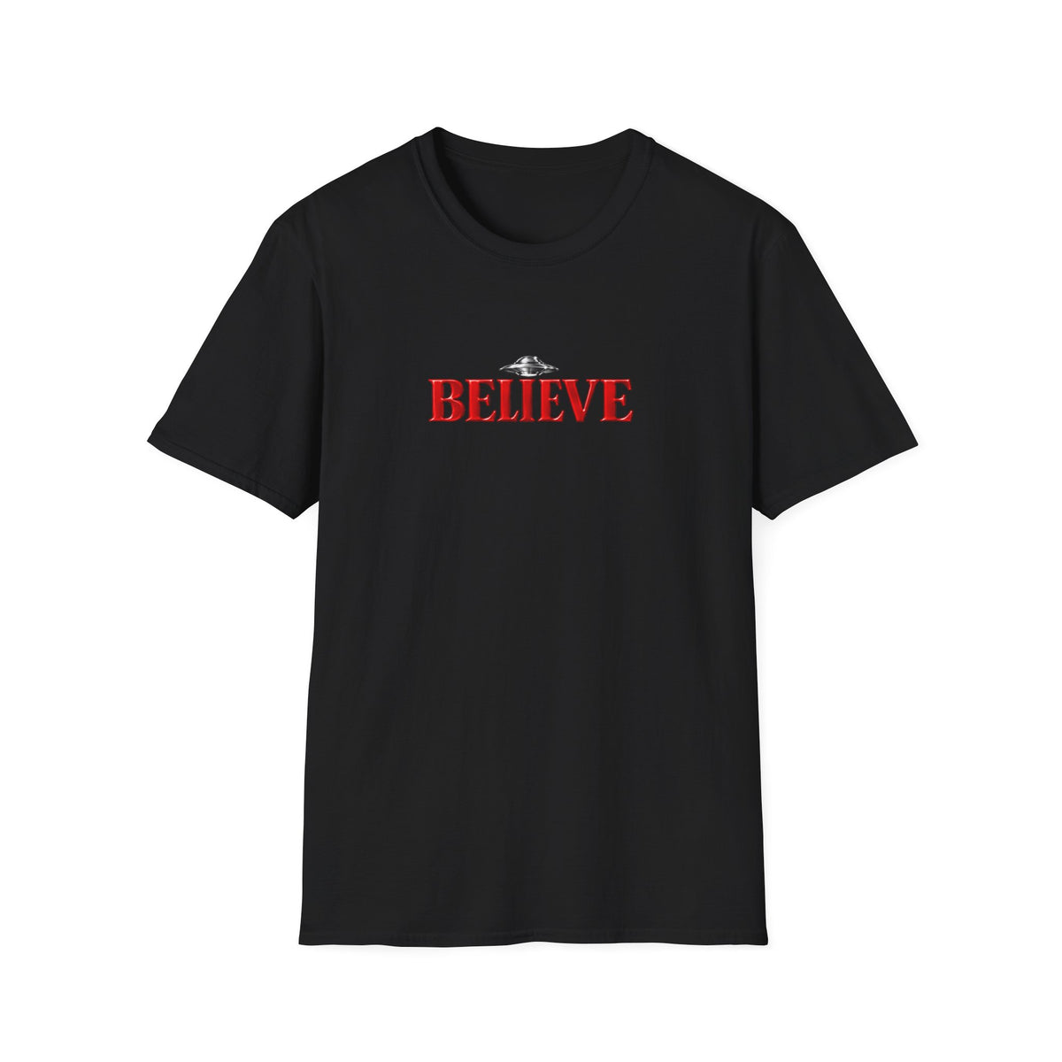 Believe UFO T-Shirt — Retro Red Text Alien Graphic Tee