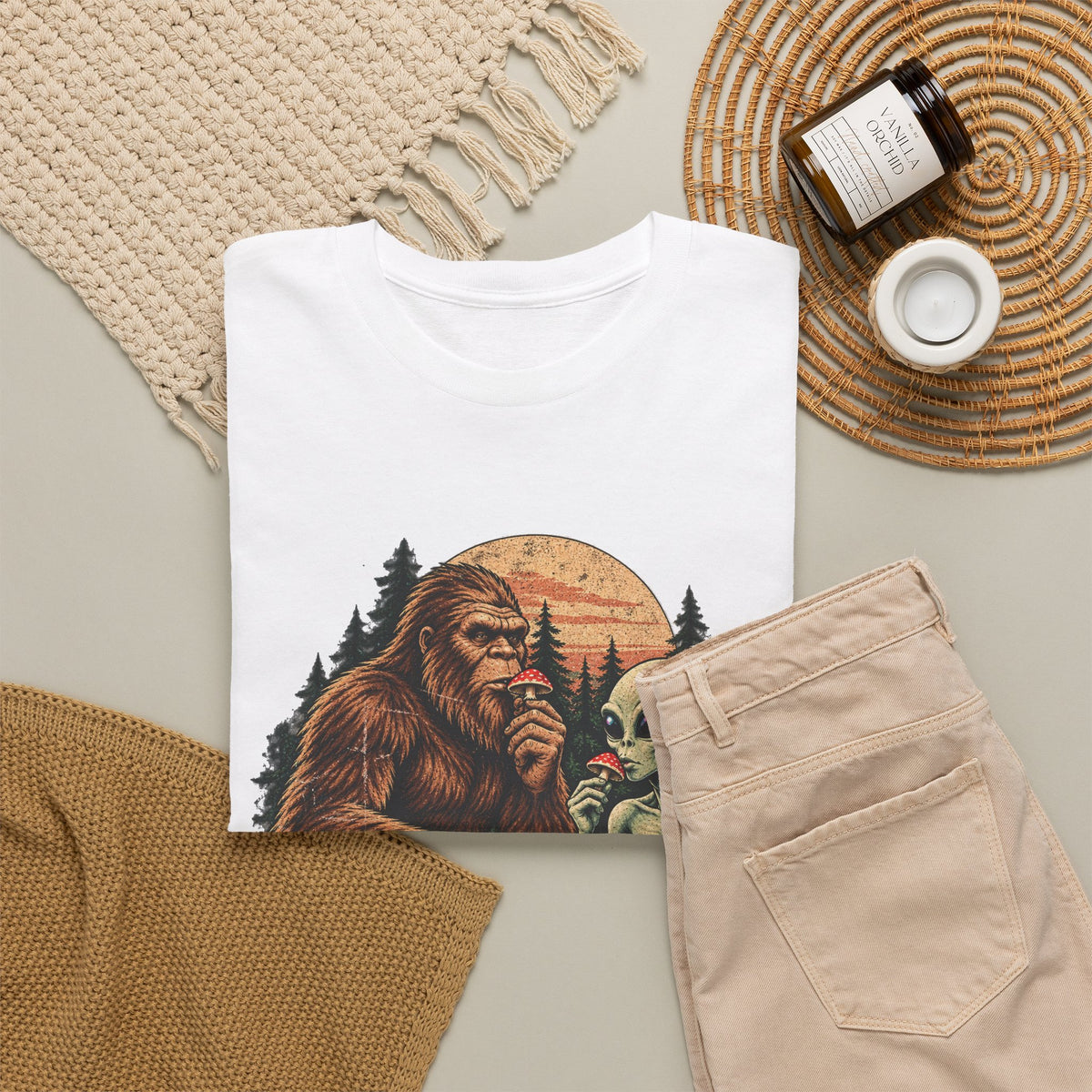Bigfoot and Alien Forest Tee — Sasquatch Meets UFO Graphic T-Shirt