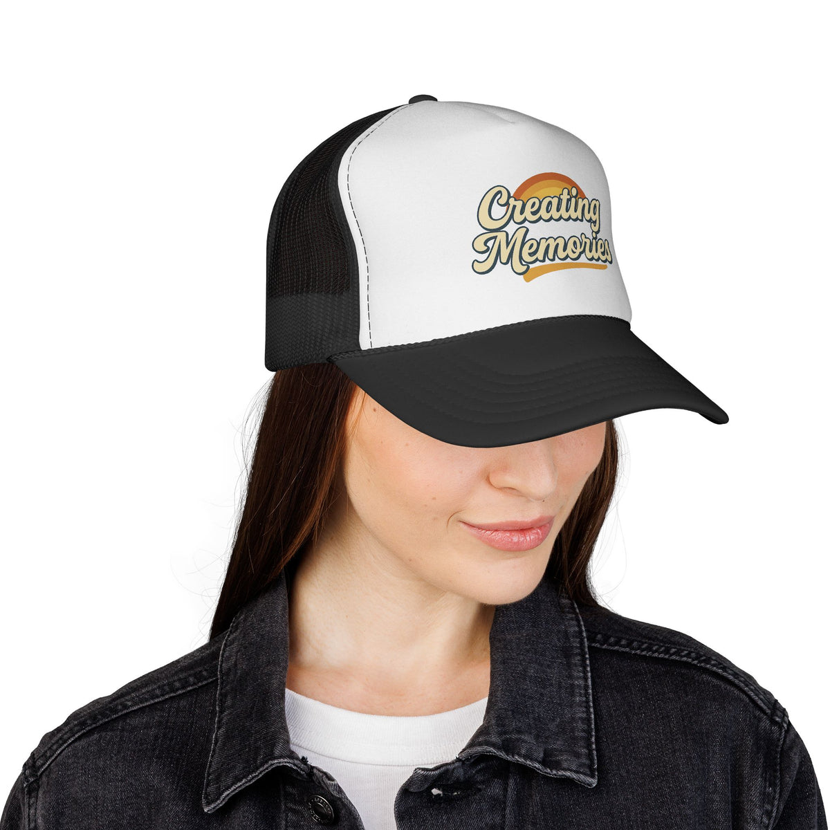 Creating Memories Trucker Cap — Retro Sunset Script Hat for Travel & Family Adventures