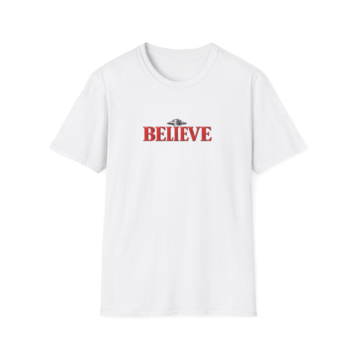 Believe UFO T-Shirt — Retro Red Text Alien Graphic Tee