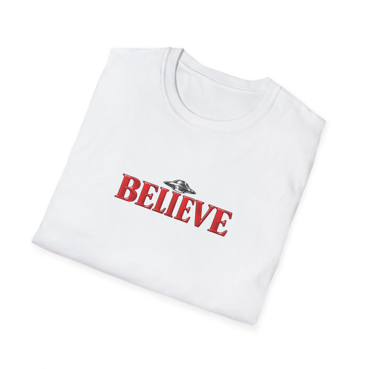 Believe UFO T-Shirt — Retro Red Text Alien Graphic Tee