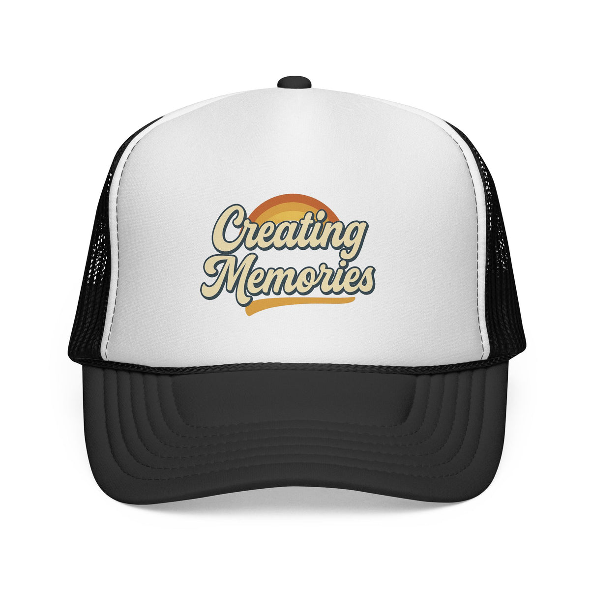 Creating Memories Trucker Cap — Retro Sunset Script Hat for Travel & Family Adventures