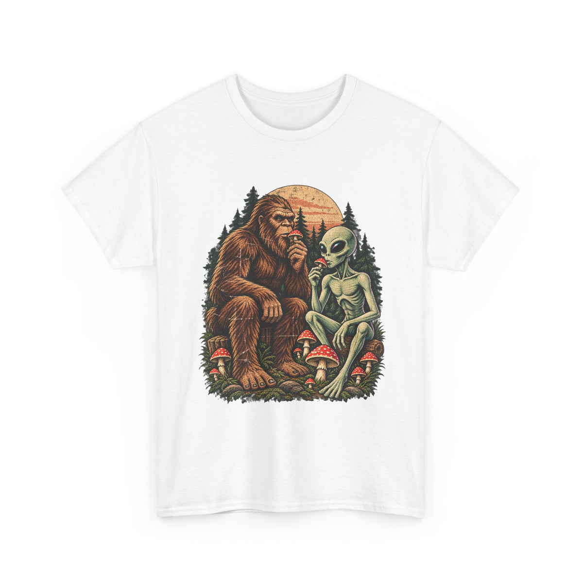 Bigfoot and Alien Forest Tee — Sasquatch Meets UFO Graphic T-Shirt