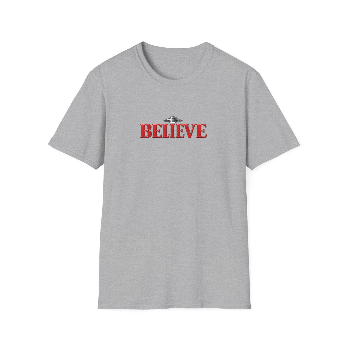 Believe UFO T-Shirt — Retro Red Text Alien Graphic Tee